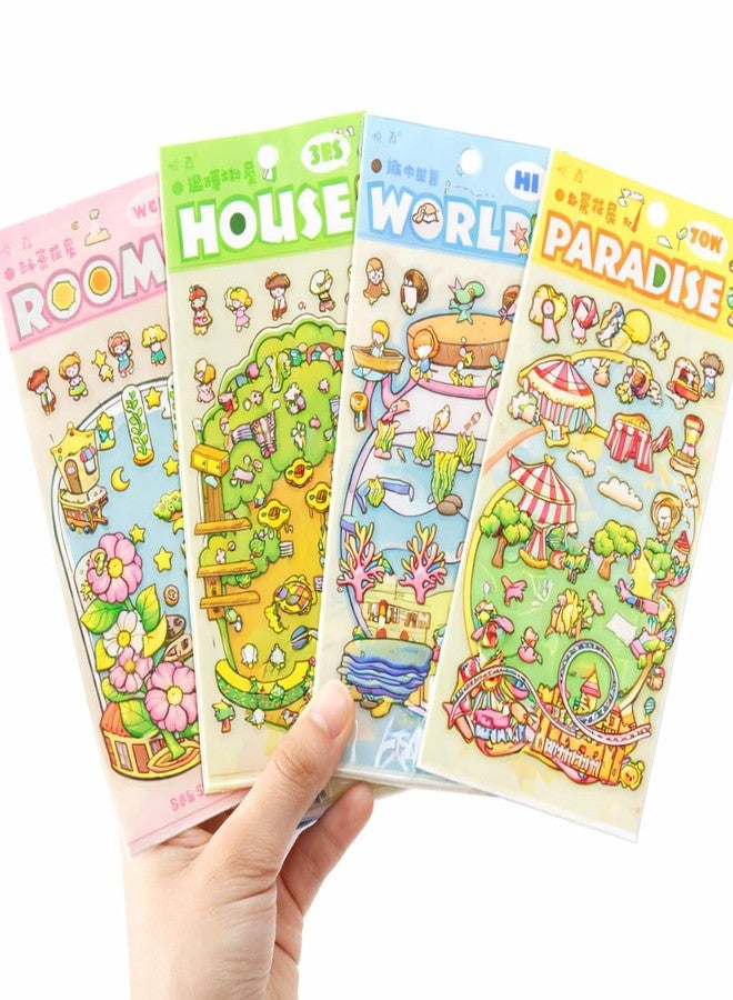 Palap TruGyft® DIY 3D House Stickers Pack of 4 with Tweezer - Cute Cartoon Scene Kits for Kids Dreamland-Crystal Paradise, Bottle World, Tree House, Secret Flower Room - Image 2